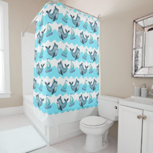 Blue Whales And Sailboats Shower Curtain