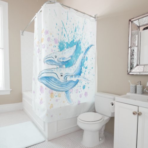 Blue Whales Color Splash Shower Curtain