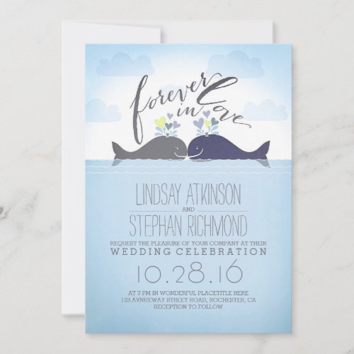 Blue Whales Cute and Romantic Nautical Wedding Invitation