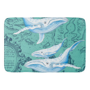 Blue Whales Family Teal Bathroom Mat