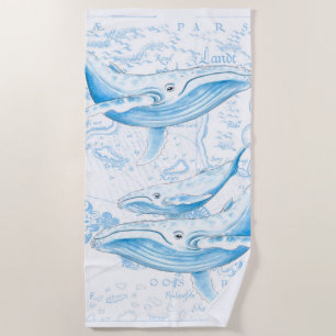 Blue Whales Family White Beach Towel