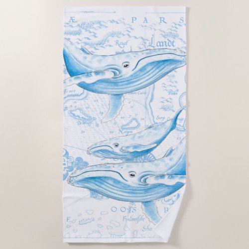 Blue Whales Family White Beach Towel