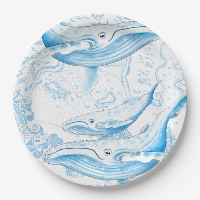 Blue Whales Family White Paper Plates (Front)