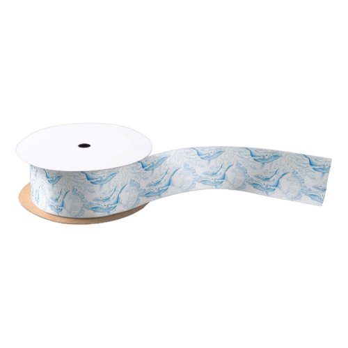 Blue Whales Family White Satin Ribbon