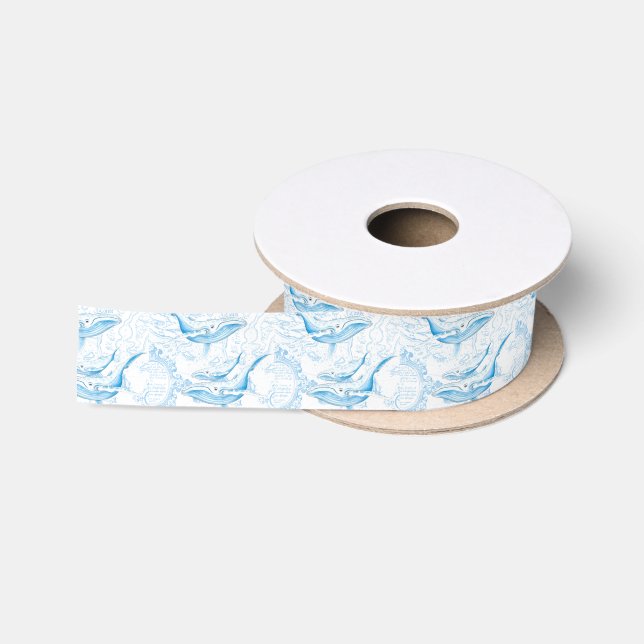 Blue Whales Family White Satin Ribbon (Spool)