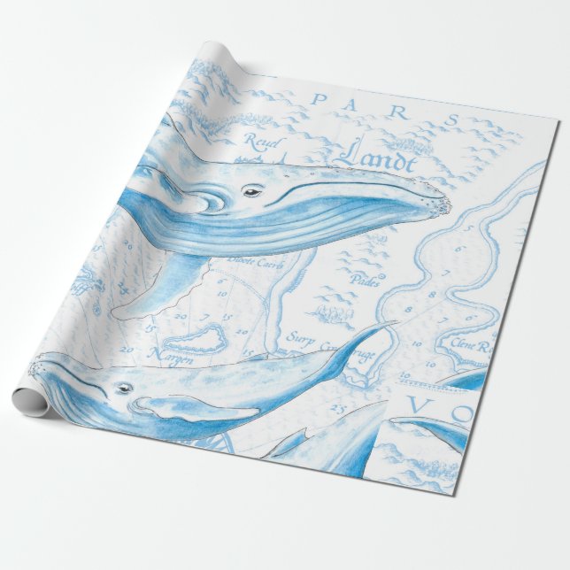 Blue Whales Family White Wrapping Paper (Unrolled)