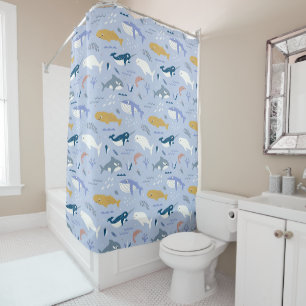 Blue whales  - ocean animal pattern for kids shower curtain