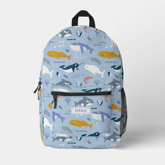 Blue whales - ocean animals personalized name printed backpack (Front)