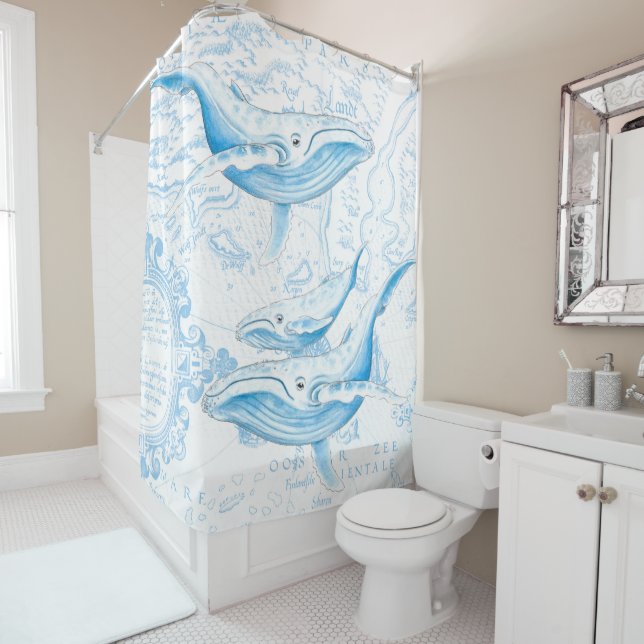 Blue Whales On White Shower Curtain (In Situ)