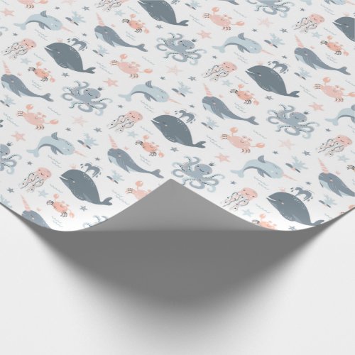 Blue Whales Pink Octopus Neutral Colors Sea Ocean Wrapping Paper