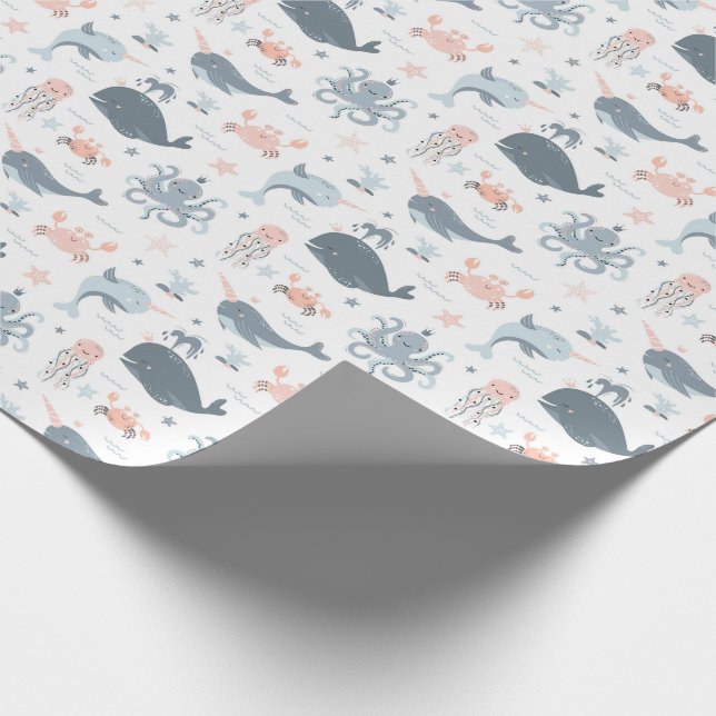 Blue Whales Pink Octopus Neutral Colors Sea Ocean Wrapping Paper (Corner)