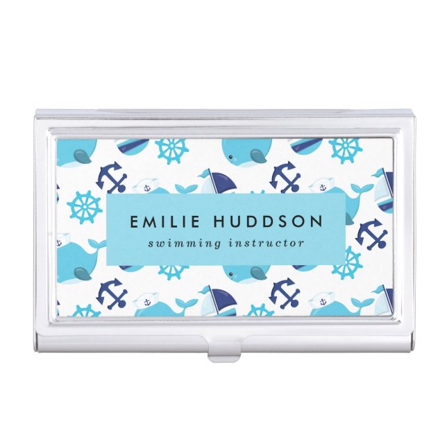 Blue Whales, Swim Instructor, Swimming Coach Business Card Case (Front)