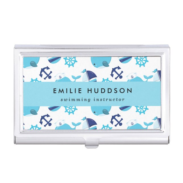 Blue Whales, Swim Instructor, Swimming Coach Business Card Case (Front)