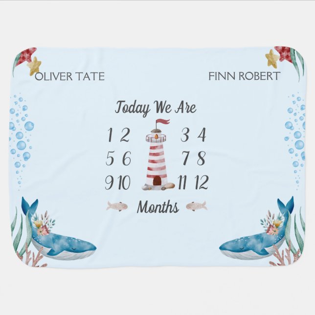 Blue Whales Twin Baby Milestone  Baby Blanket (Horizontal)