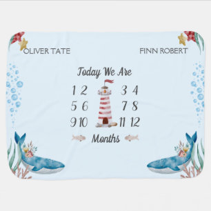 Blue Whales Twin Baby Milestone  Blanket