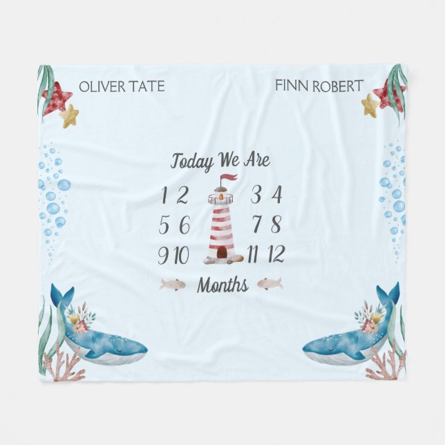 Blue Whales Twin Baby Milestone  Fleece Blanket (Front (Horizontal))