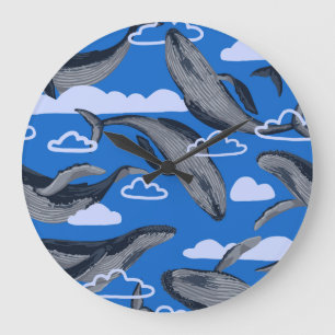 Blue Whales Vintage Hand Drawn Large Clock