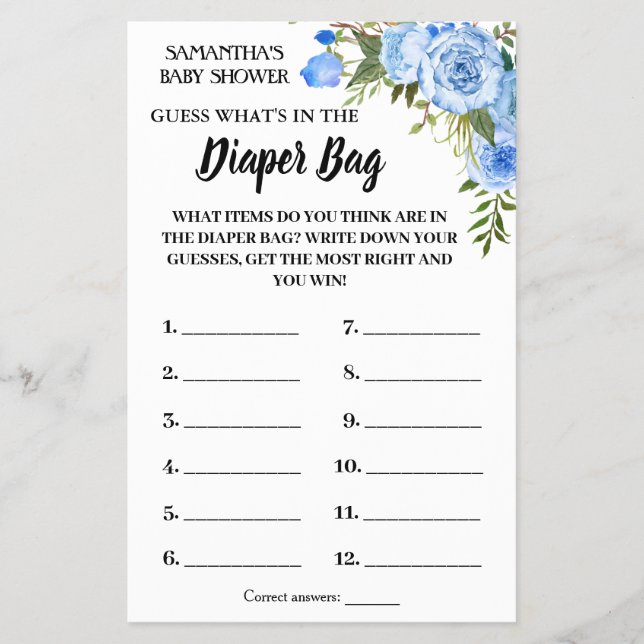 Blue What is in the diaper bag shower game card Flyer (Front)