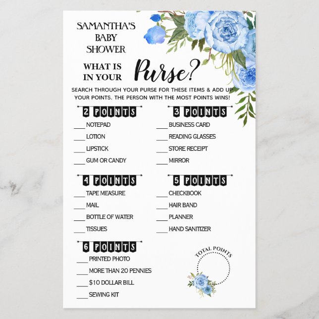 Blue What is in your Purse shower bilingual card Flyer (Front)