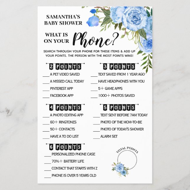 Blue What is on Phone Bilingual Shower Game Card Flyer (Front)