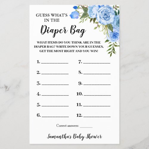 Blue Whats in the Diaper Bag Baby Shower Game card Flyer