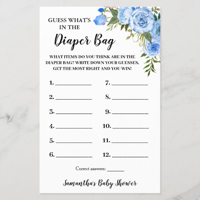 Blue Whats in the Diaper Bag Baby Shower Game card Flyer (Front)