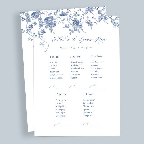 Blue Whats In Your Bag Bridal Shower Game Cards