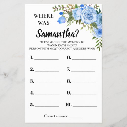 Blue Where was Mom shower bilingual game card Flyer