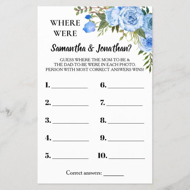 Blue Where were they shower bilingual game card Flyer (Front)