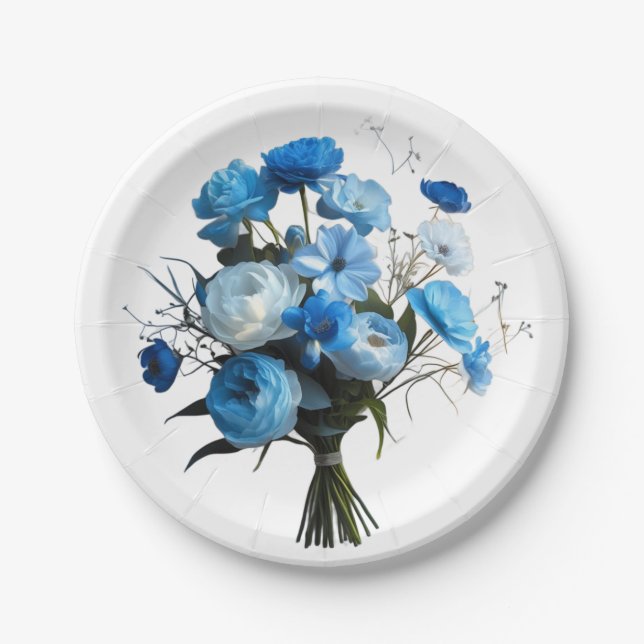 Blue & Whiite Flowers Paper Plates (Front)