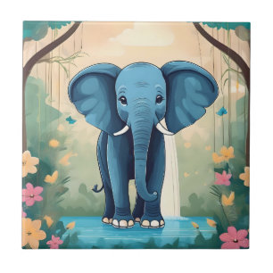 Blue Whimsical Baby Elephant, Ceramic Tile