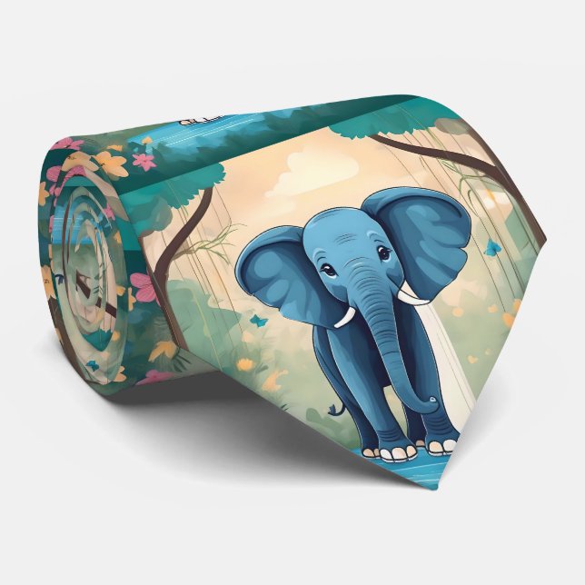 Blue Whimsical Baby Elephant, Neck Tie (Rolled)