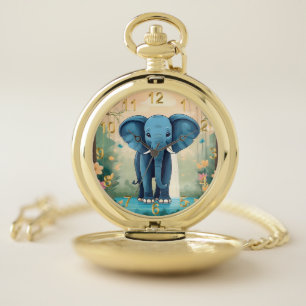 Blue Whimsical Baby Elephant, Pocket Watch