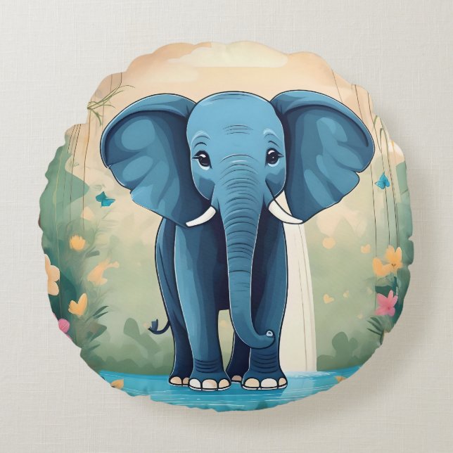 Blue Whimsical Baby Elephant, Round Pillow (Front)