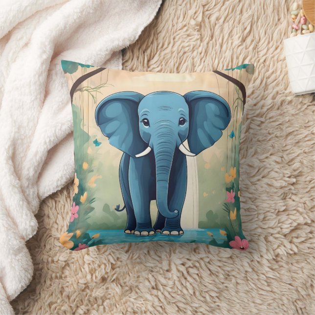 Blue Whimsical Baby Elephant, Throw Pillow (Blanket)