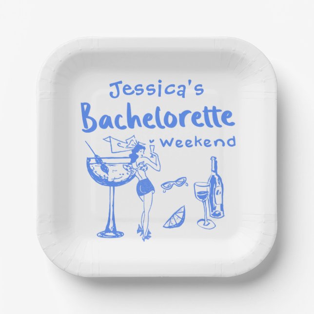 Blue Whimsical Beach Bachelorette Party Paper Plates (Front)