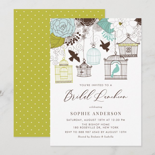 Blue Whimsical Birdcages Bridal Luncheon Invitation (Front/Back)