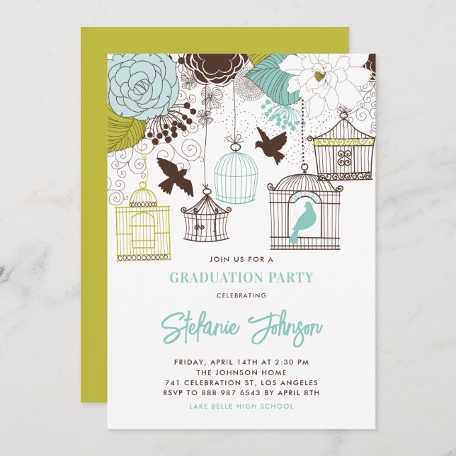 Blue Whimsical Birdcages Graduation Invitation (Front/Back)