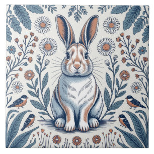 Blue Whimsical Bunny Rabbit Floral Design Ceramic Tile