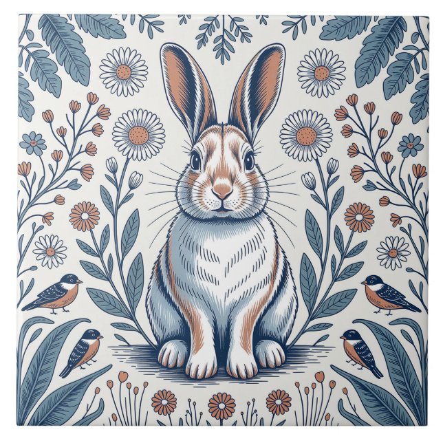 Blue Whimsical Bunny Rabbit Floral Design Ceramic Tile (Front)