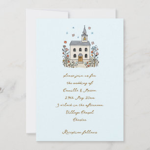 Blue Whimsical Chapel Doodle Wedding Invitation