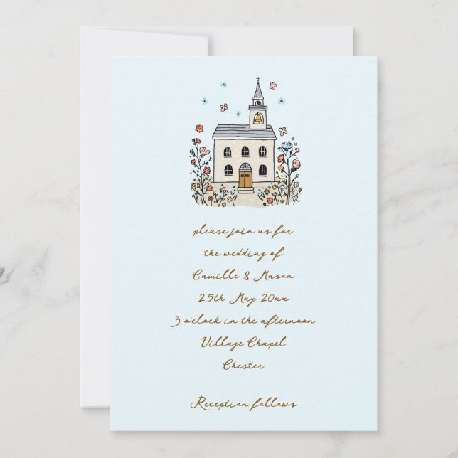 Blue Whimsical Chapel Doodle Wedding Invitation (Front)