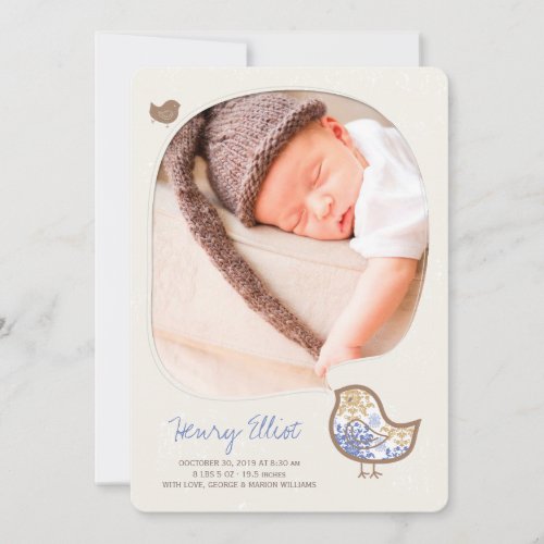 Blue Whimsical Chick Baby Boy Birth Announcement