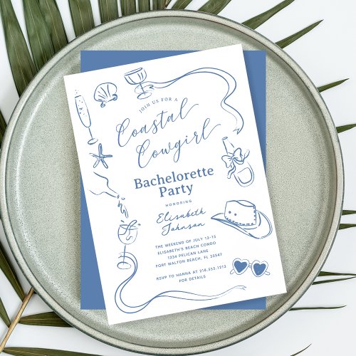 Blue Whimsical Coastal Cowgirl Bachelorette Party Invitation