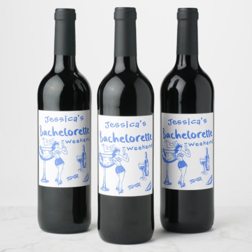 Blue Whimsical Cocktail Bachelorette Weekend Wine Label