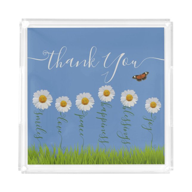Blue Whimsical Daisy Thank You Floral Thanksgiving Acrylic Tray (Front)