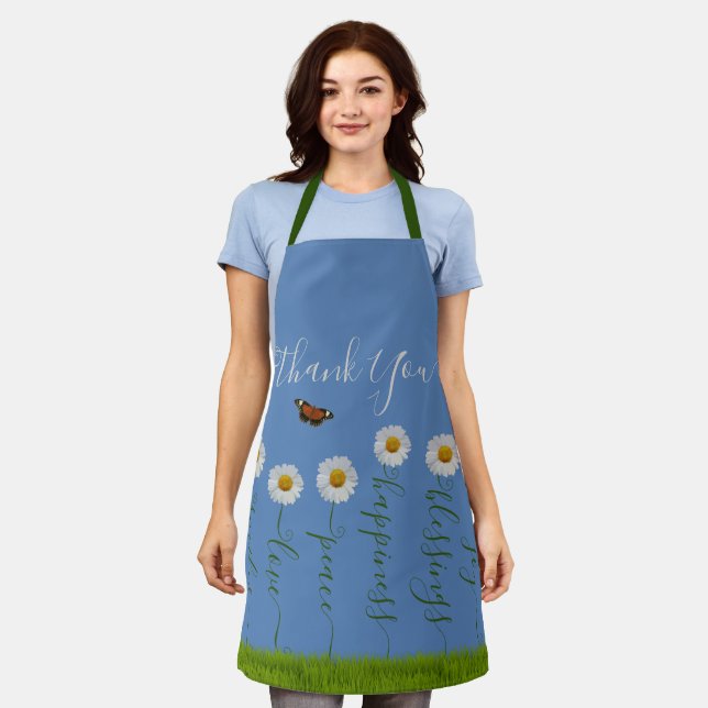 Blue Whimsical Daisy Thank You Floral Thanksgiving Apron (Worn)