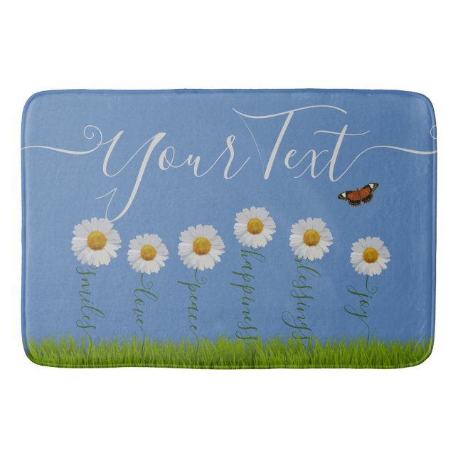 Blue Whimsical Daisy Thank You Floral Thanksgiving Bath Mat (Front)