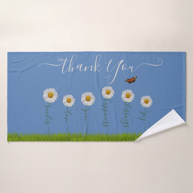 Blue Whimsical Daisy Thank You Floral Thanksgiving Bath Towel (Bath Towel)