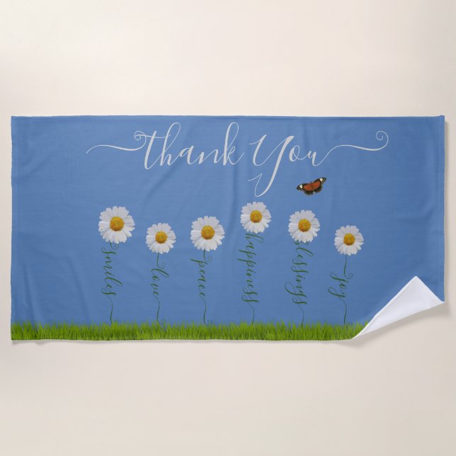 Blue Whimsical Daisy Thank You Floral Thanksgiving Beach Towel (Front)